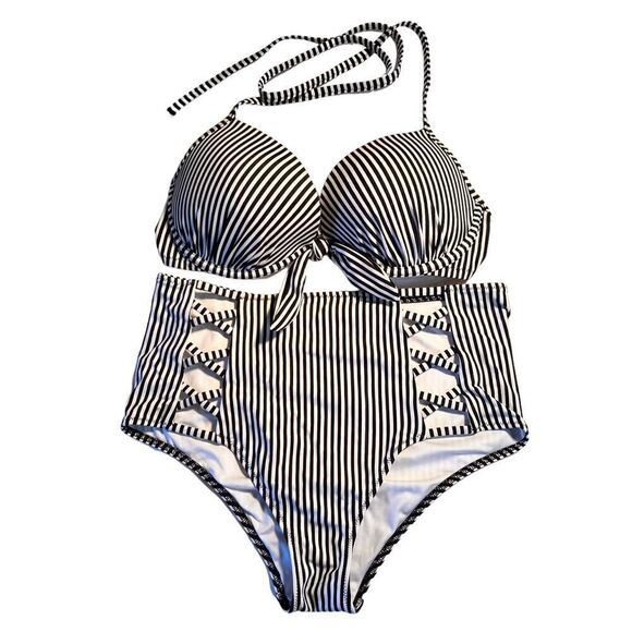 Shade & Shore black and white stripe high waisted bikini set 34D S ** - Picture 1 of 8